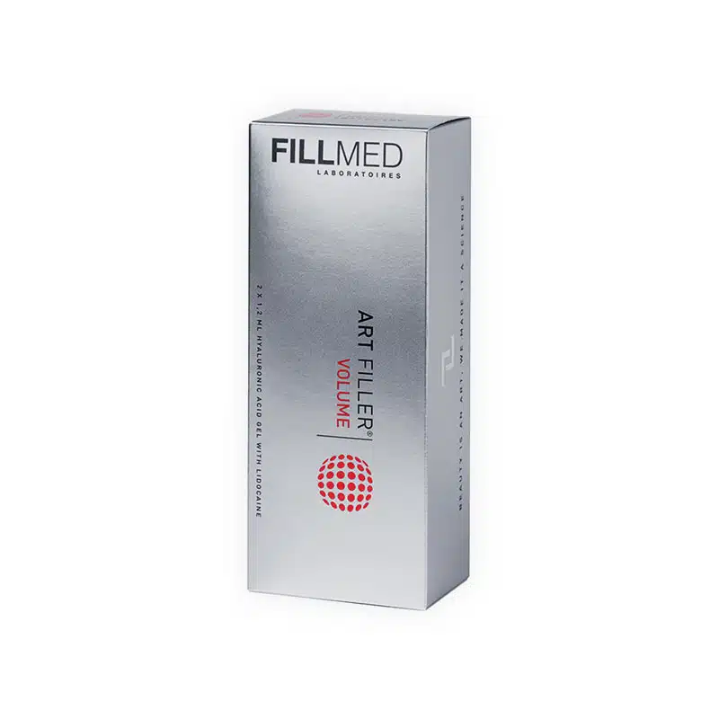 A silver rectangular box labeled "FILLMED® ART FILLER VOLUME" with a red dotted circular design on the front. The package also mentions "2 x 1.2 ml" and "Hyaluronic Acid Gel with Lidocaine.