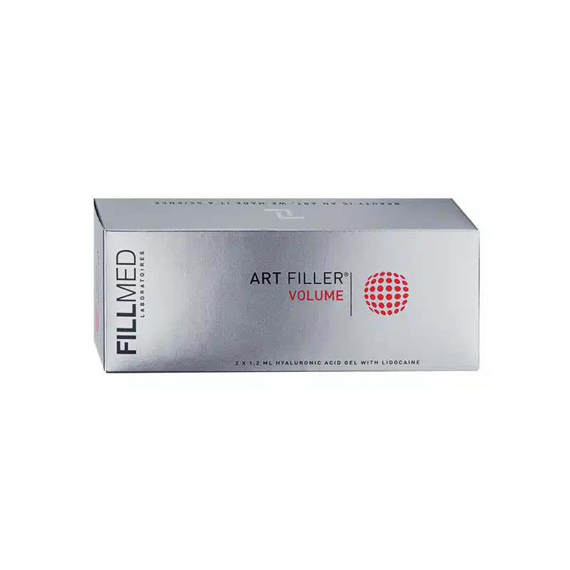The image shows a rectangular box of FILLMED® ART FILLER VOLUME. The box is silver with black and red text. It includes 2 x 1.2 ml of hyaluronic acid gel with lidocaine.