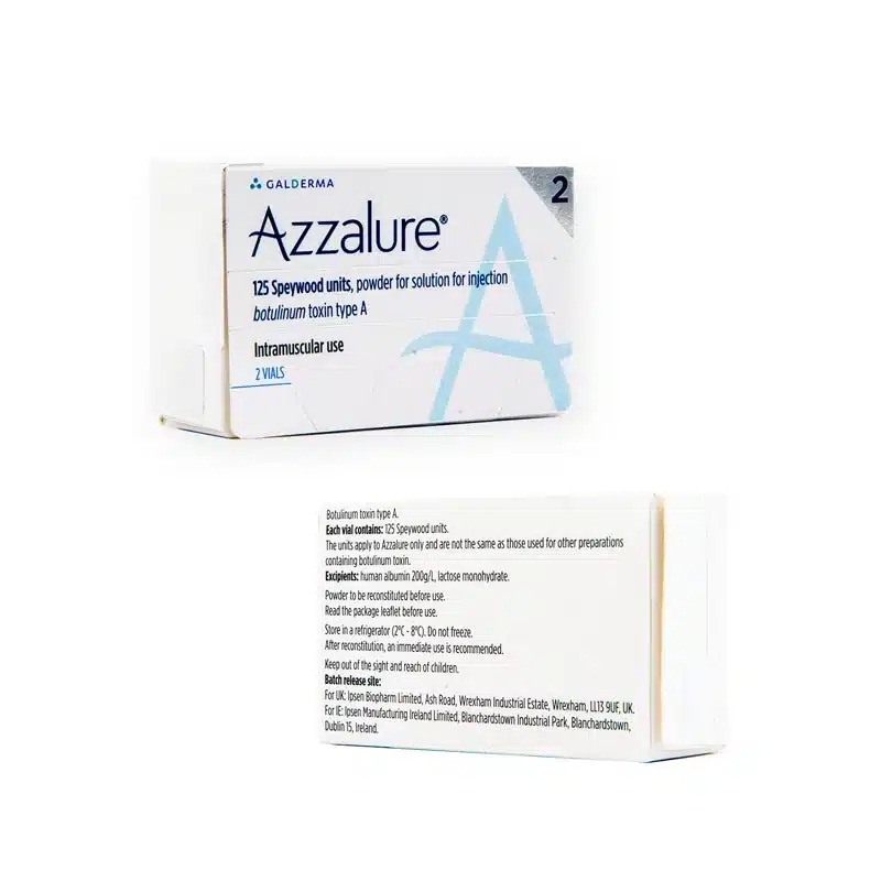 Boxes of AZZALURE® 2 vials for solution for injection are shown. The front of the main box displays the brand name and dosage information (125 Speywood units), while the side box lists storage instructions and additional product details.