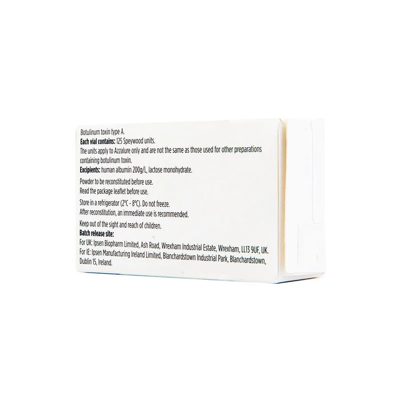 Side view of a white rectangular pharmaceutical box labeled with text on dosage and instructions for use. The box contains specific information about AZZALURE® 2 vials, storage instructions, and manufacturer details.