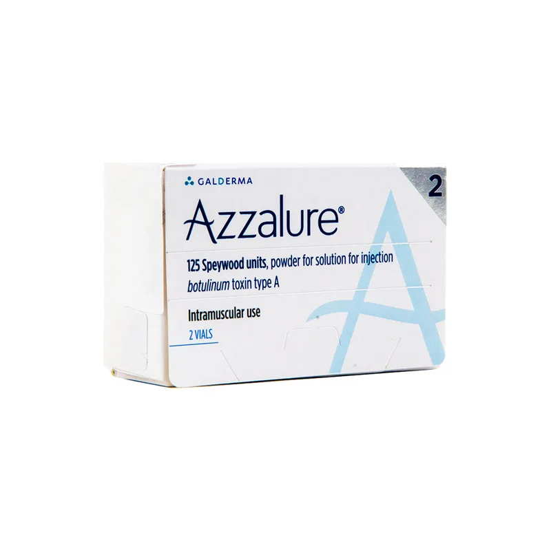 A white box of AZZALURE® 2 vials with blue and gray text. The box states "125 Speywood units, powder for solution for injection, botulinum toxin type A." It also mentions "GALDERMA" and "Intramuscular use," and indicates that there are 2 vials inside.
