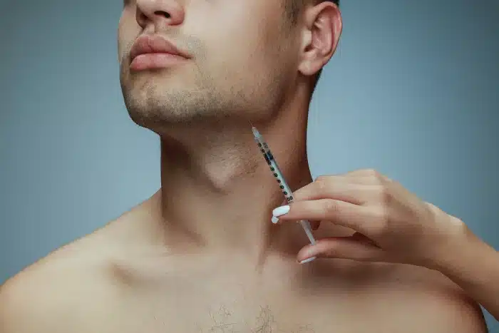 Person with minimal facial hair receiving an injection in the underside of the jaw from a hand with painted nails. The background is neutral, and the focus is on the procedure.
