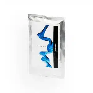 A silver foil package with a white label, displaying the brand name "INTRALINE® MONO 29G 50 70 6-0" in the center. The label features blue brushstroke artwork and a black vertical stripe with text "PDO threads". The package is set against a plain white background.