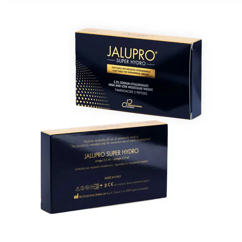 Two dark blue rectangular boxes of JALUPRO® SUPER HYDRO are shown. The front of the box has text detailing the product's name and key ingredients: 3.2% sodium hyaluronate, amino acids, and peptides. The packaging has a professional and sleek design.