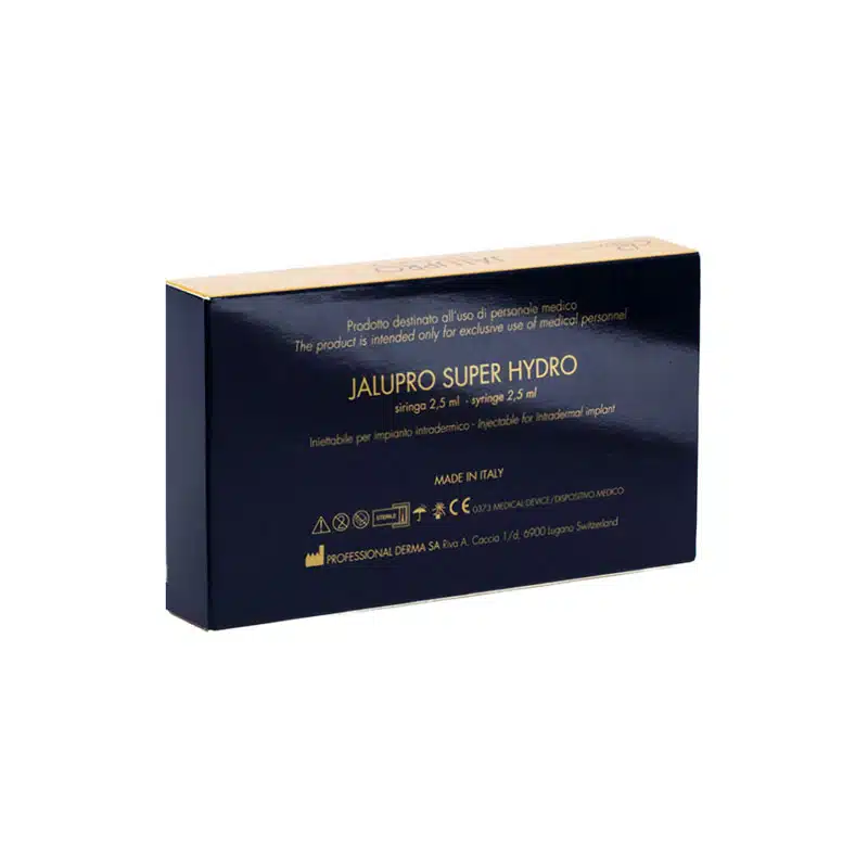 A dark blue box labeled "JALUPRO® SUPER HYDRO" lying on its side. The text indicates it contains a 2.5 ml syringe and is intended for medical personnel use. The packaging includes gold lettering detailing product information in multiple languages.