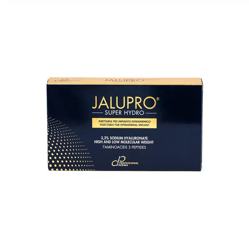 A black and gold box labeled "JALUPRO® SUPER HYDRO" containing injectable solution for use in medical or cosmetic procedures. The box highlights that it contains sodium hyaluronate and amino acids, aimed at professional use.