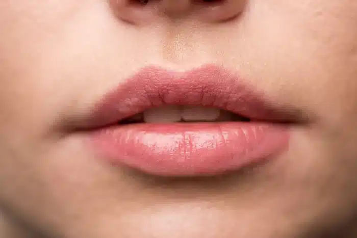 Close-up of a person's lips, showcasing smooth, pink lips with a slight natural sheen. The lips are partially open, revealing a glimpse of teeth. The skin around the lips is clear and evenly toned.