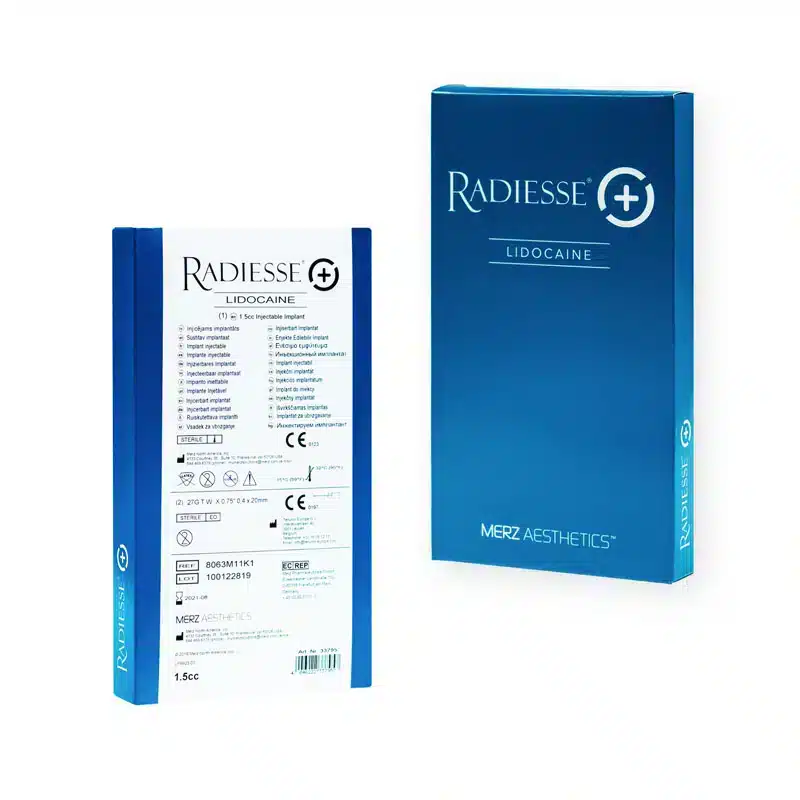 The image shows two blue and white boxes of RADIESSE® (+) 1.5ml with Lidocaine, a product by Merz Aesthetics. One box is standing upright displaying the front label, while the other is placed on its back revealing the detailed instructions and information on the back label.