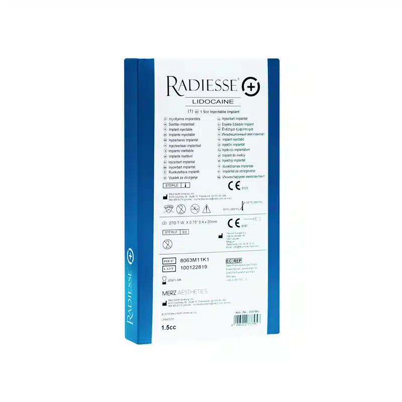Image of a white and blue rectangular medical product box with various labels and text. The main visible text reads "RADIESSE® (+) 1.5ml with Lidocaine" at the top. The box includes instructions, manufacturing details, and certification symbols in multiple languages.