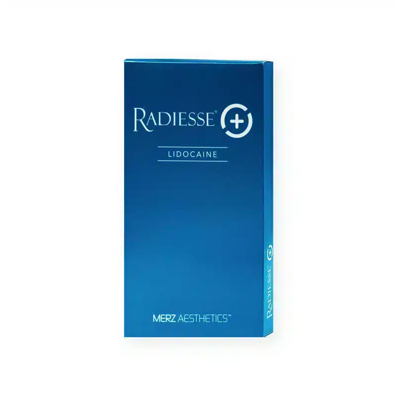 A blue rectangular box with the text "RADIESSE® (+) 1.5ml with Lidocaine" printed on it. Below this, "Merz Aesthetics" is written in smaller letters. The box has a medical and aesthetic product appearance.