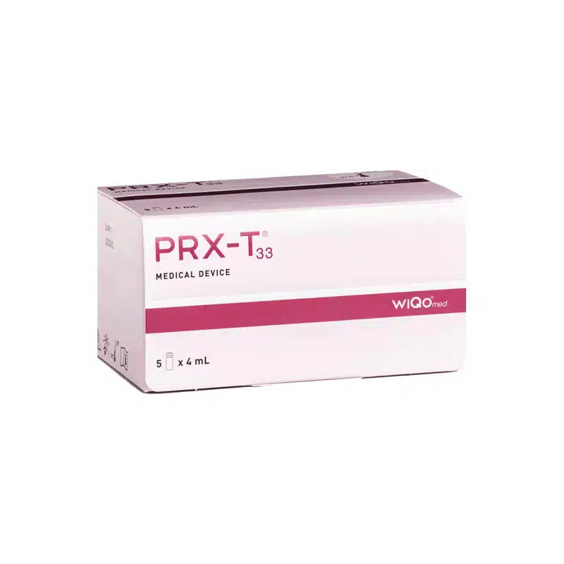 A white and pink rectangular box labeled "PRX-T33® (WiQo®)" with "MEDICAL DEVICE" and "WIQO med" branding. It indicates a volume of 5 vials x 4 mL each, and has additional small text and symbols on the sides of the packaging.