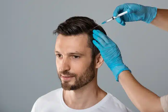 A man with a beard and short dark hair, wearing a white shirt, sits facing slightly to the side. Another person, whose face isn't visible, is injecting his scalp with a syringe. The second person is wearing blue protective gloves. The background is gray.