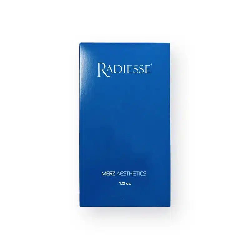 A blue rectangular box with the text "RADIESSE® 1.5ml" in white at the top, followed by "MERZ AESTHETICS" in smaller white text below, and "1.5 cc" in white at the bottom. The background is white, and the box is positioned vertically.