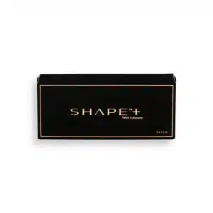 A rectangular black box with gold lettering and border. The text on the box reads "REVANESSE® SHAPE+™ with Lidocaine" and in the lower right corner, "2 x 1.2 ml.