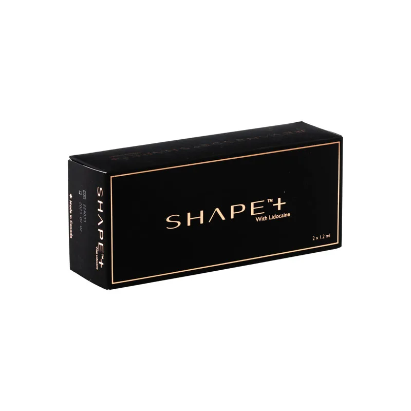 A black rectangular box labeled "REVANESSE® SHAPE+™ with Lidocaine" is shown. The box features a minimalistic design with white text and a gold outline. It appears to be packaging for a medical or cosmetic product.