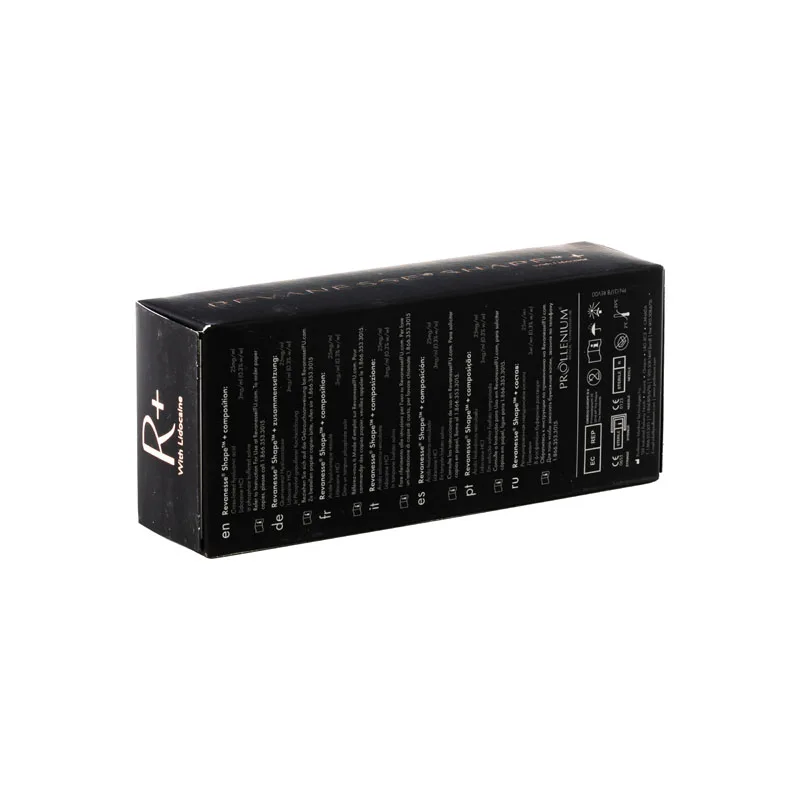 A black rectangular box with detailed product information written in white text on one side. The box features the brand logo "R+" and appears to be related to the REVANESSE® SHAPE+™ with Lidocaine. The packaging is sleek and modern.