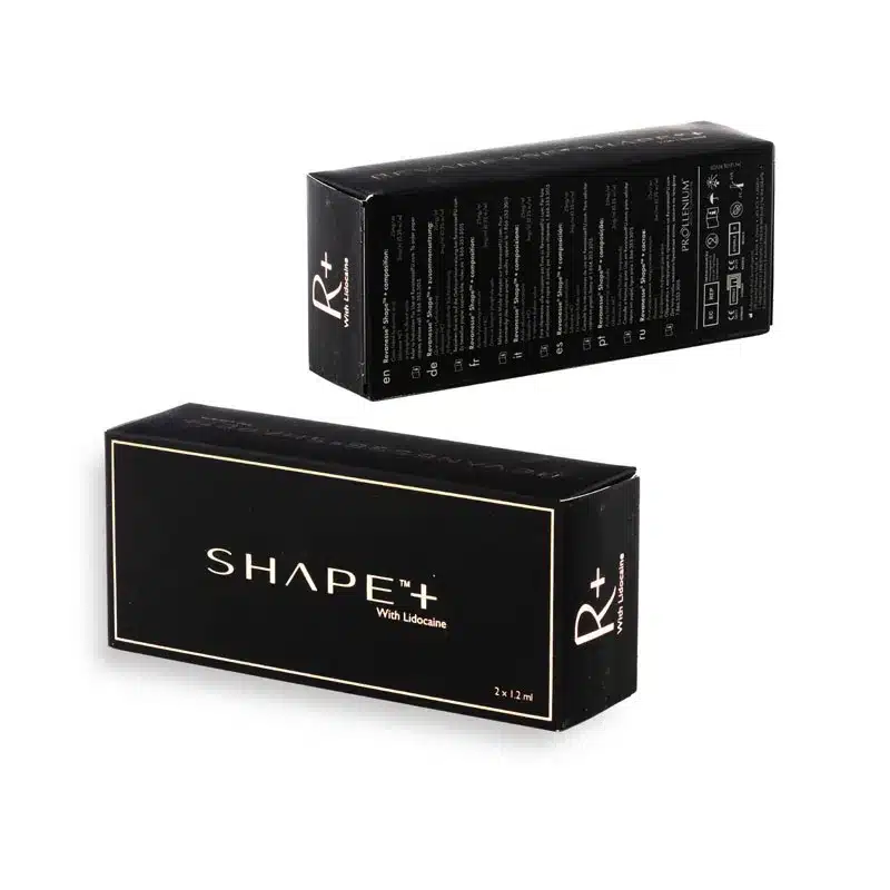 Two black rectangular boxes of the product "REVANESSE® SHAPE+™ with Lidocaine" are shown. One box is displayed with the front and the other with the back facing forward, showcasing multiple text lines on the back. The packaging has white text and minimalistic design.