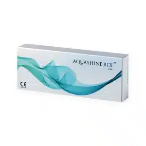 A white rectangular box with a design featuring green and blue wave patterns on the left side. The box is labeled "REVOFIL AQUASHINE PTX 2 mL" in black font on the top right corner. There is also a "CE" marking on the bottom left.