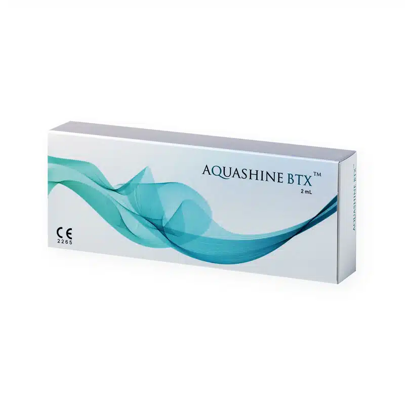 A white rectangular box with a design featuring green and blue wave patterns on the left side. The box is labeled "REVOFIL AQUASHINE PTX 2 mL" in black font on the top right corner. There is also a "CE" marking on the bottom left.