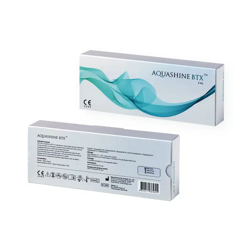 The image shows packaging for REVOFIL AQUASHINE PTX, a product that comes in a rectangular white box with blue-green swoosh designs. The front displays the product name, while the back features instructions, barcodes, and various certification symbols.