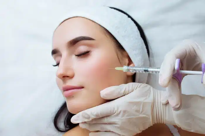 A person lying down with eyes closed, wearing a white headband. A gloved hand is gently touching the person's chin while another gloved hand is holding a syringe close to their cheek, indicating a cosmetic or medical procedure.