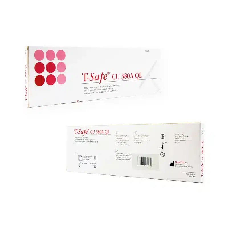 Two boxes of SMB® TCu 380A with Safeload intrauterine devices. The top box shows a pink graphical design and the product name, while the bottom box displays detailed product information, including instructions, a barcode, and other text.