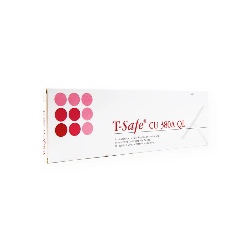 A rectangular white box of "SMB® TCu 380A with Safeload" with multiple pink circles on the left side. The product name and description are written in red text on the front. The box is designed for an intrauterine device (IUD).