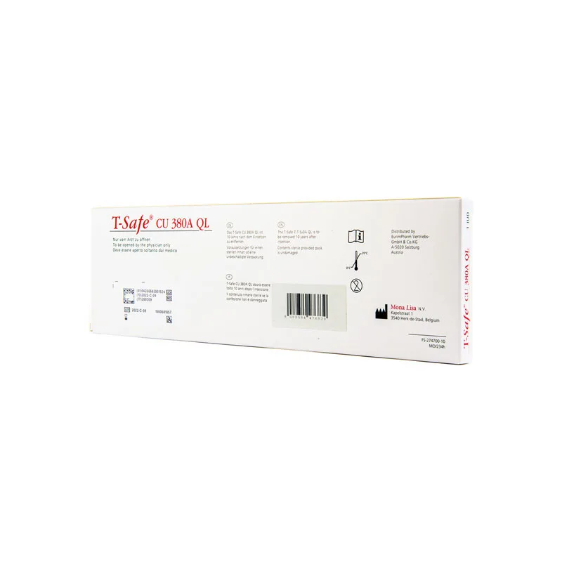 A white rectangular box labeled "SMB® TCu 380A with Safeload" on the left side. The rest of the box has printed text and diagrams, including usage instructions, a barcode, and manufacturing details. The background is plain white.