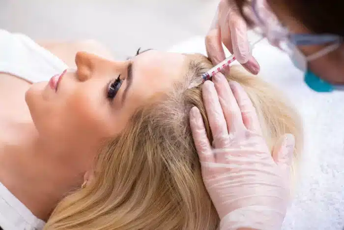 A woman lies on her back with her eyes closed while a medical professional wearing gloves administers a scalp injection. The woman has long blonde hair, and the professional is using a syringe to apply the treatment to her scalp.