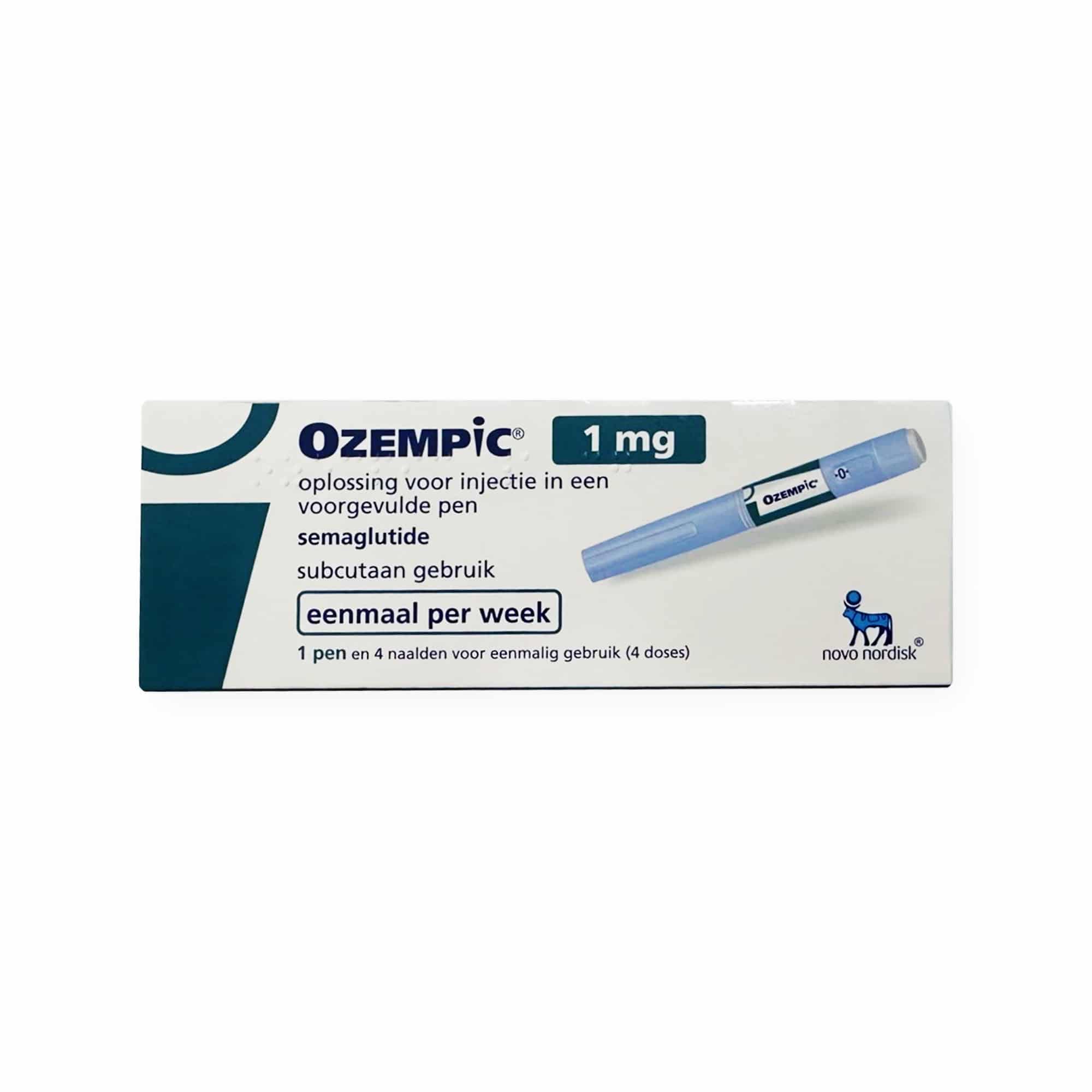 Image of a box of OZEMPIC® 1mg prefilled pen intended for subcutaneous injection. The label is in Dutch and mentions "oplossing voor injectie in een voorgevulde pen," "semaglutide," and "eenmaal per week." The Novo Nordisk logo is visible on the box.