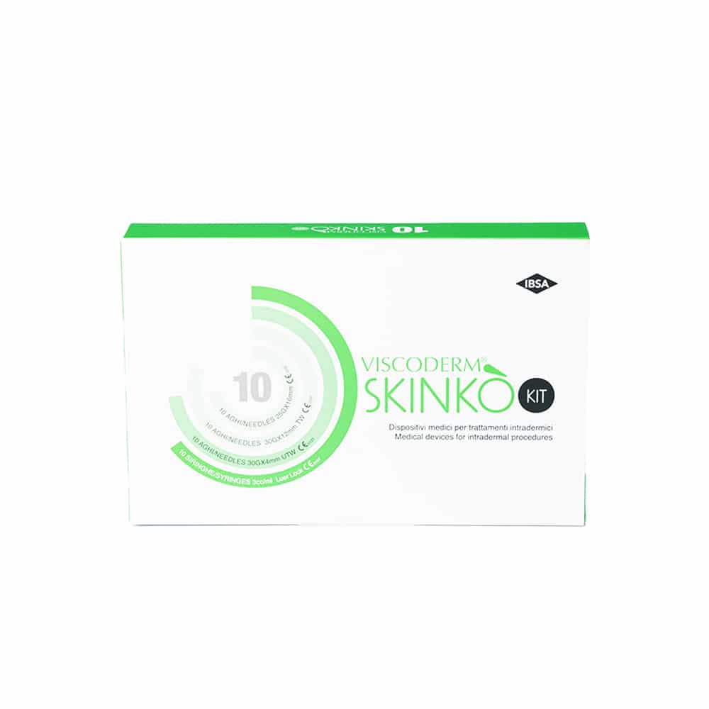 A white and green box labeled "VISCODERM® SKINKÒ E + VISCODERM® SKINKÒ KIT" from IBSA. The packaging indicates it contains medical devices for intradermal procedures. The box features circular design details and mentions "10" and various scientific terms.