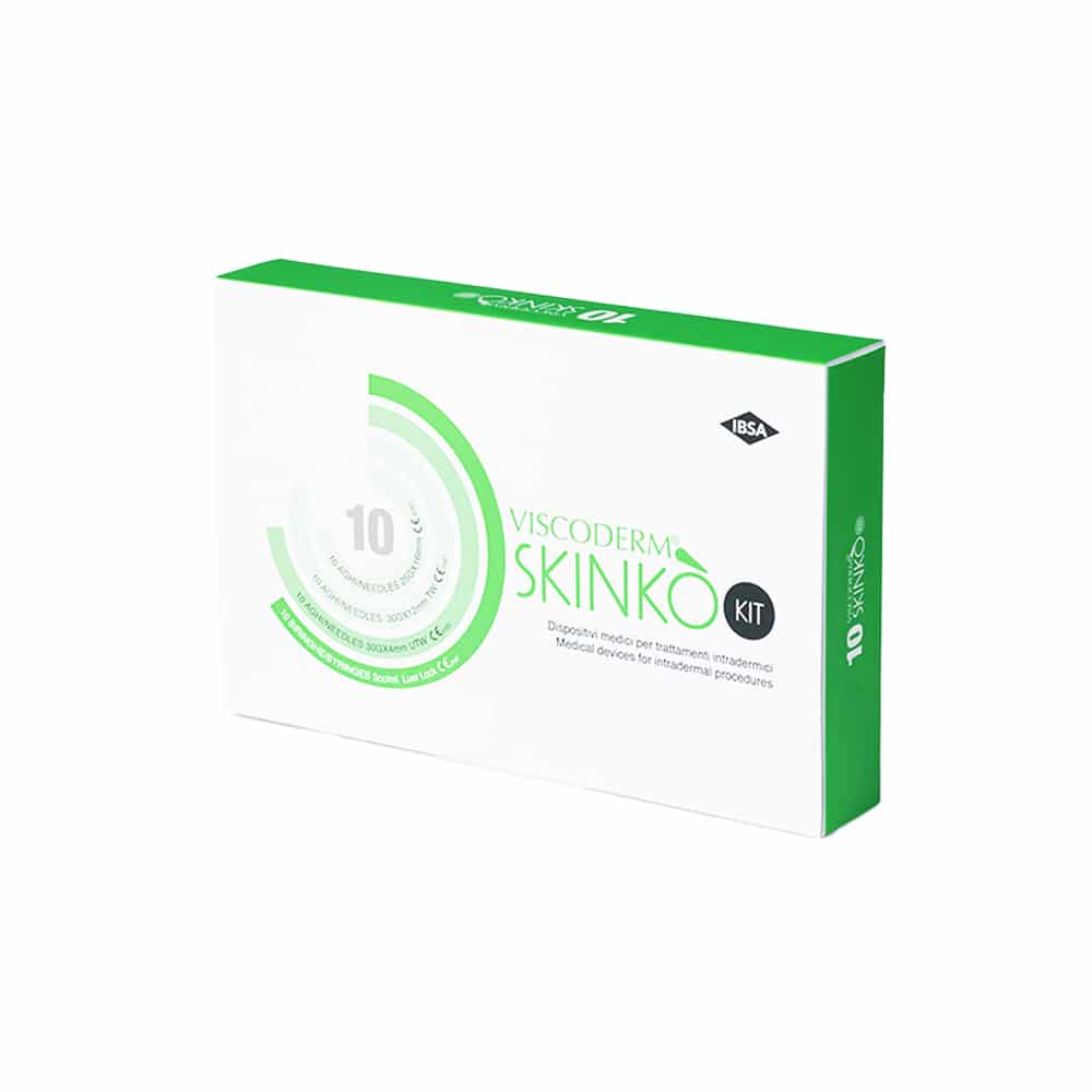 A white and green box labeled "VISCODERM® SKINKÒ E + VISCODERM® SKINKÒ KIT" from IBSA. The box displays the number "10" surrounded by circular lines, suggesting contents related to skincare or medical procedures. The packaging design is minimalistic and modern.