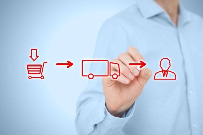 A person in a light blue shirt is pointing at a transparent screen showing a red diagram. The diagram includes icons of a shopping cart, a delivery truck, and a person, connected by arrows indicating a process flow.