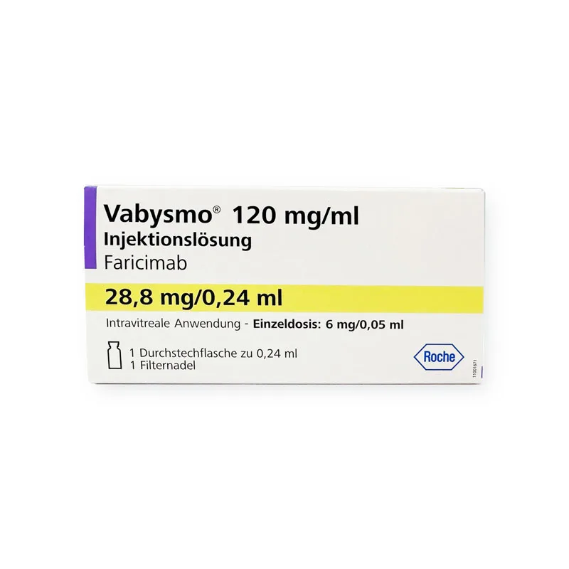 A white box of "VABYSMO® INJECTION 120 mg" with yellow and purple accents. It states "Faricimab" and "28.8 mg/0.24 ml" for intravitreal use. The Roche logo is displayed in the bottom right corner.