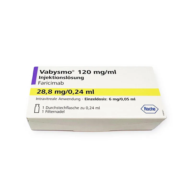 Image of a white box with yellow and purple highlights containing VABYSMO® INJECTION 120 mg. The concentration is 120 mg/ml, and it includes a single-use vial and filter needle. Manufactured by Roche, it is intended for intravitreal use.