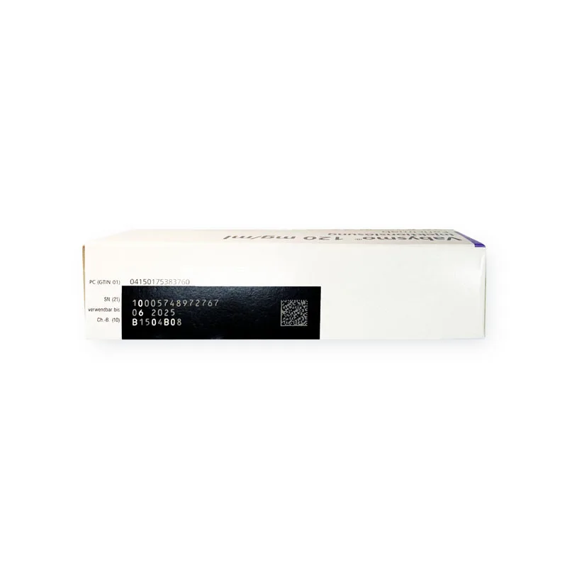 White rectangular box with a black label on the side featuring a QR code, several barcode numbers, and some printed text. The box appears to be packaging for VABYSMO® INJECTION 120 mg. The background is entirely white.