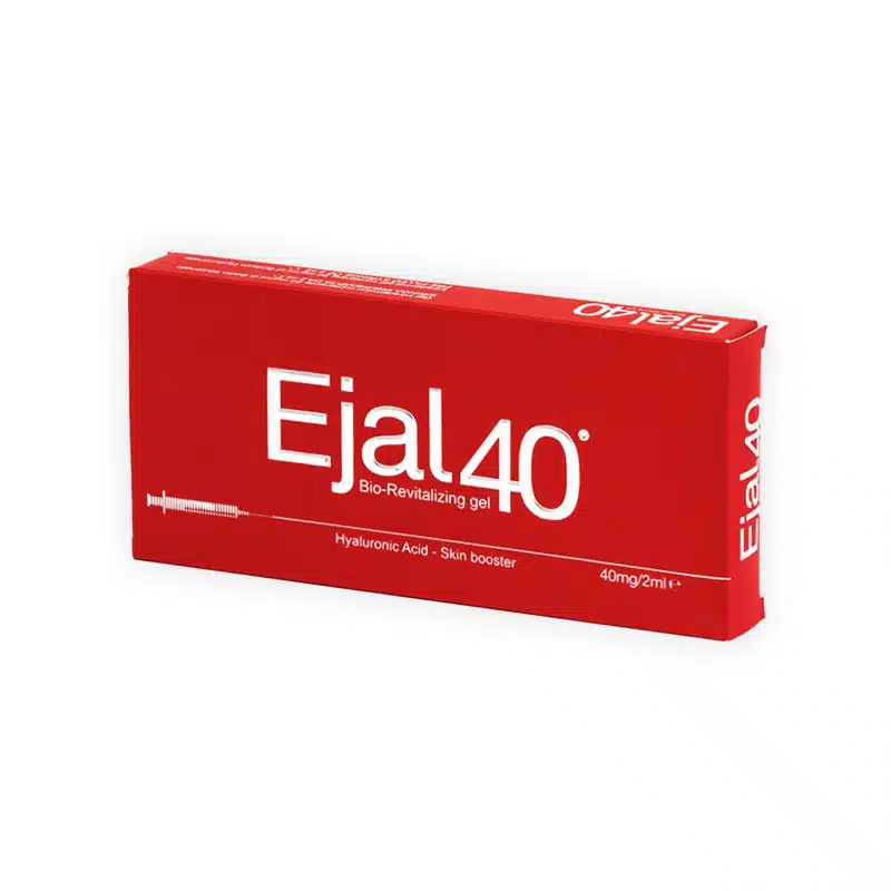 A red rectangular box labeled "EJAL40 Bio-Revitalizing Gel" is shown. The text "Hyaluronic Acid – Skin booster 40mg/2ml" appears on the bottom right of the box. An image of a syringe is also visible on the left side of the box.