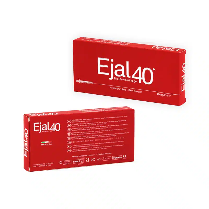Red and white packaging of EJAL40 Bio-Revitalizing Gel containing hyaluronic acid, a skin booster. Two boxes are shown, one lying flat and the other standing, displaying product information and branding. The packaging states "Made in Italy.