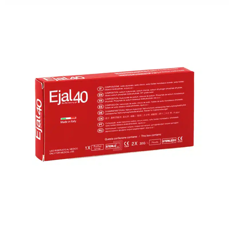 A red rectangular box labeled "EJAL40 Bio-Revitalizing Gel" with white text detailing product information, including composition and instructions, along with various symbols and certifications. The box is indicated to be made in Italy and is meant for medical use.