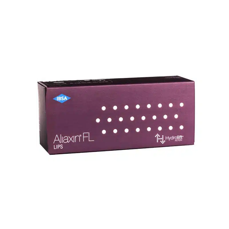 A rectangular, dark purple box with "IBSA" written in a blue diamond shape on the top left corner. The text "ALIAXIN® FL" and the logo "Hydrolift Action" are also on the front. Small white dots are arranged in two rows across the center.