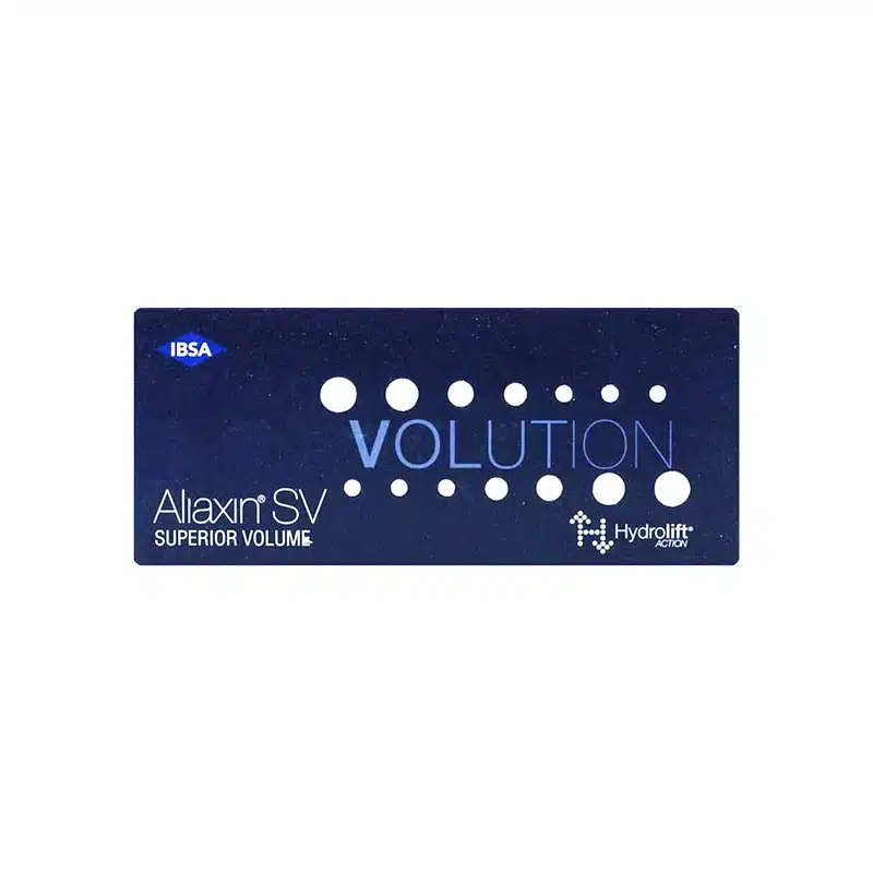 A dark blue rectangular product box labeled "IBSA" on the top left corner. The text "ALIAXIN® SV" appears on the left. The word "VOLUTION" is prominently featured in the center with circular dots, accompanied by the "Hydrolift® Action" logo on the right.