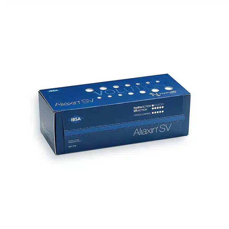 A blue rectangular box labeled "ALIAXIN® SV" with product information and the IBSA logo. The box features white text and circular design elements. It is designed for medical or cosmetic use.