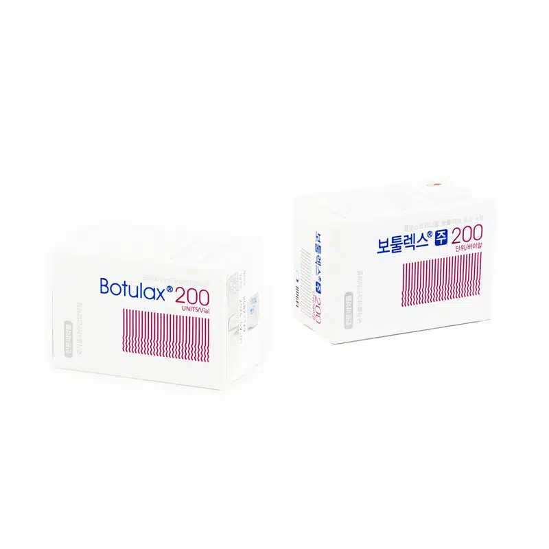 Two white rectangular boxes of BOTULAX® 200u (Korean), labeled in English on the left and Korean on the right. Each box displays "200 Units" with a pink barcode design beneath the text. The packaging is clean and minimalistic.