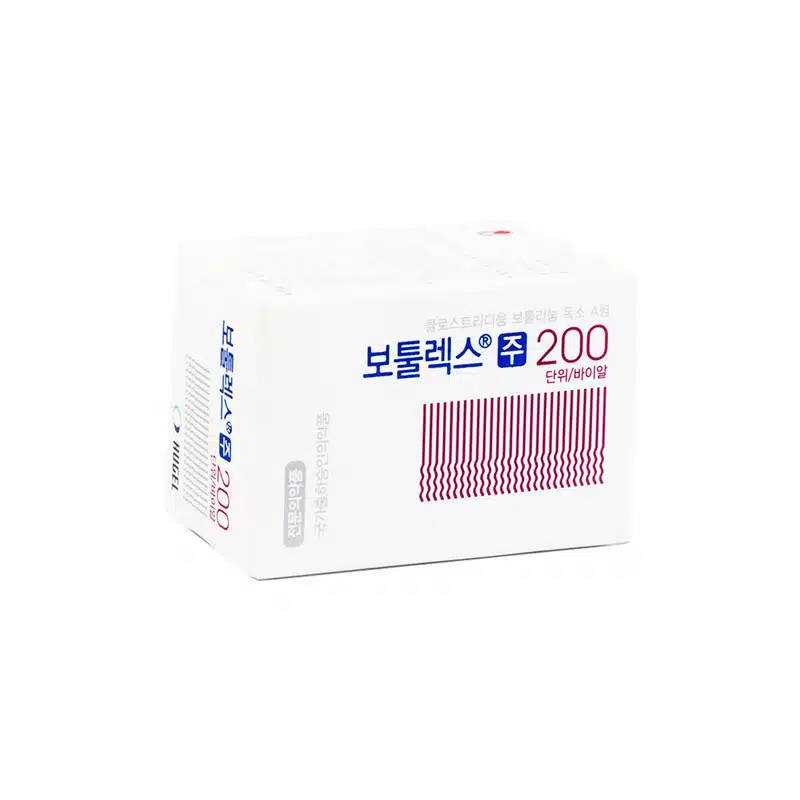A white rectangular box with Korean text in blue and red. The text includes "200" in red. The design features vertical barcode-like lines. The box appears to be packaging for BOTULAX® 200u (Korean).