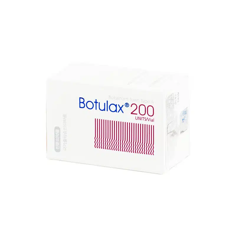 A white box of "BOTULAX® 200u (Korean)" with blue and red text, detailing "Botulinum Toxin Type A". The packaging features red barcode-like lines and smaller Korean text on the side.