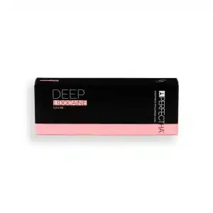 A black rectangular box with a pink stripe at the bottom. The box is labeled with "PERFECTHA® DEEP Lidocaine 1 x 1 ml" in large white and pink text. The brand name "A-PERFECT HA" is written on the right side of the box.