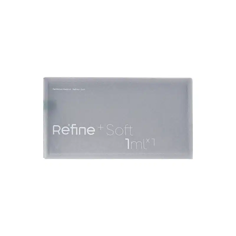 A rectangular, transparent gray case labeled "REFINE + SOFT 1ml x 1" with subtle white text. The packaging is minimalistic, against a plain white background.