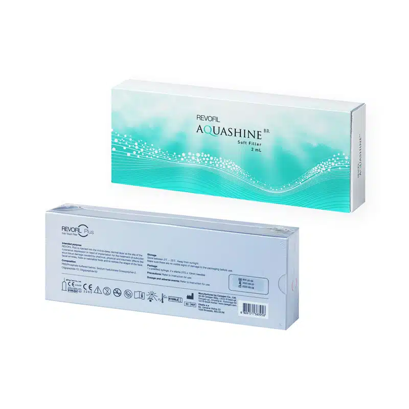 The image shows two views of a REVOFIL AQUASHINE BR SOFT FILLER - 2 Pre-Filled Syringes product box by Revofil. The front features a teal and white design with the product name. The back displays various details including instructions, safety symbols, and barcodes on a white background.