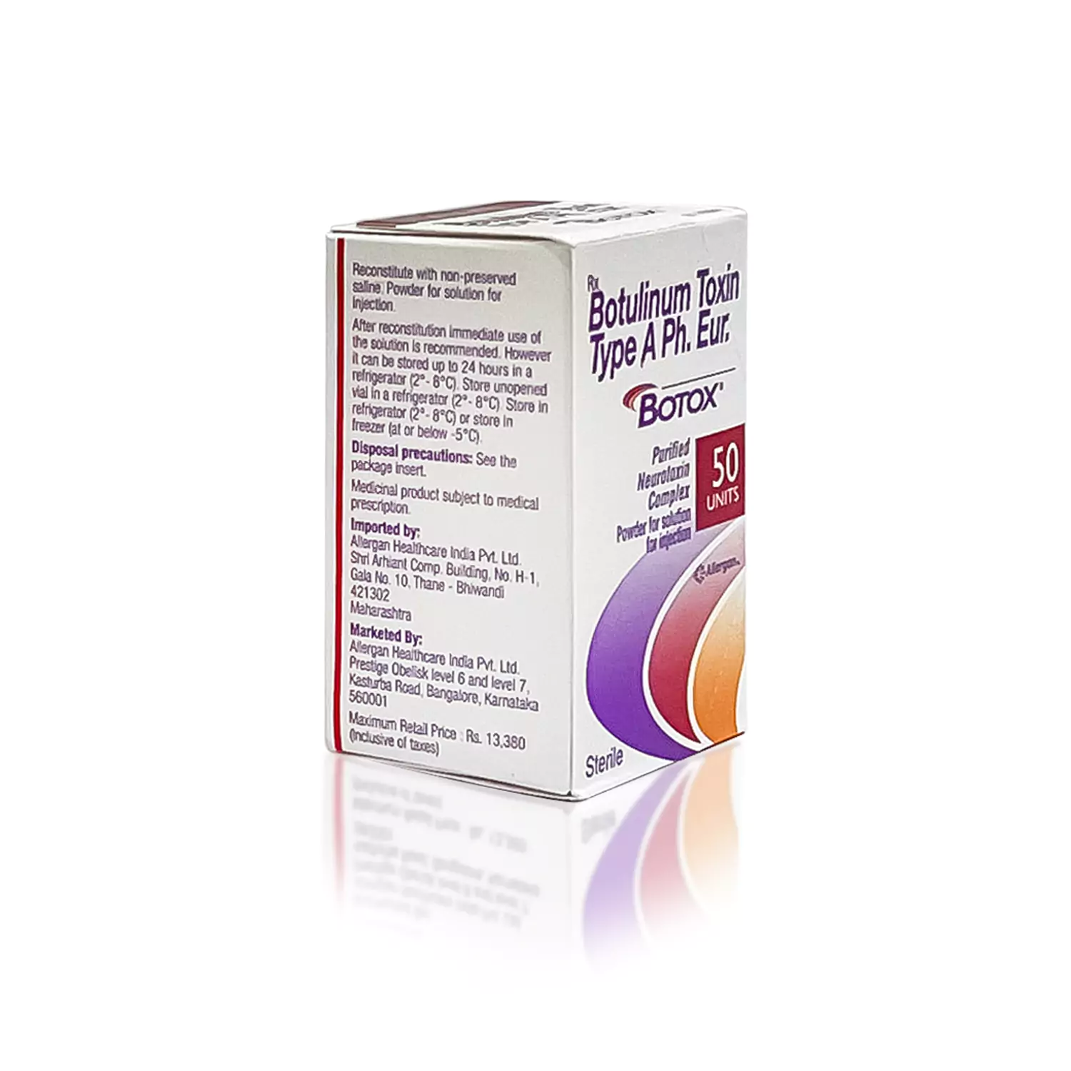 A white box labeled "BOTOX® 50u (English Alternative)" with "Botox" and "50 Units" prominently displayed. Text detailing usage and ingredients covers the box. A purple and orange gradient design is seen on the front, along with additional branding and information.
