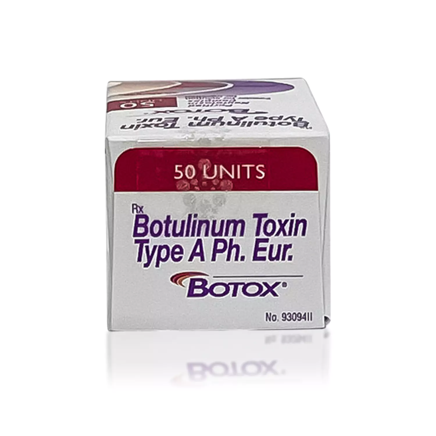 A white box of BOTOX® 50u (English Alternative), labeled "50 Units, Botulinum Toxin Type A Ph. Eur." The text is written in purple with a small logo underneath. The box is reflected on a white surface.